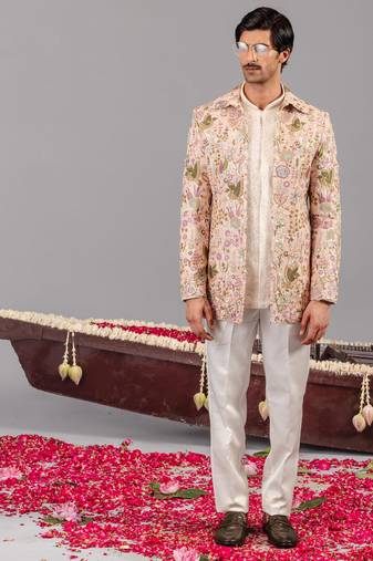 Beige georgette embroidered jodhpuri set for mens