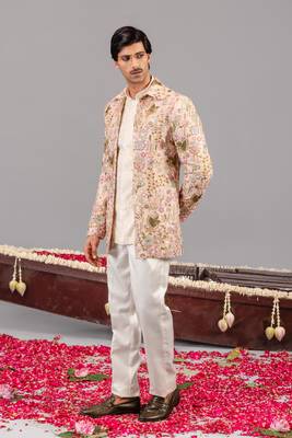 Beige georgette embroidered jodhpuri set for mens 2