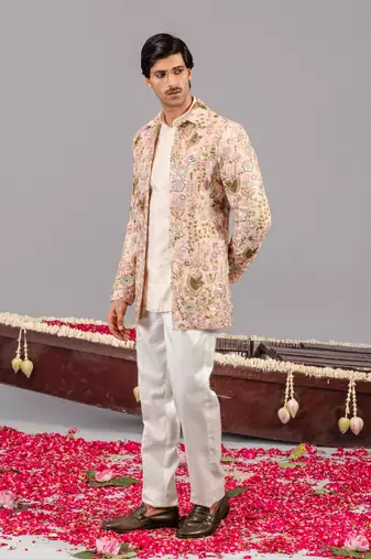 Beige georgette embroidered jodhpuri set for mens