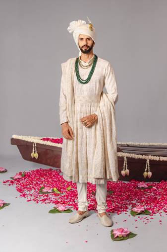 Ivory georgette embroidered sherwani set for mens