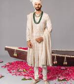 Ivory georgette embroidered sherwani set for mens