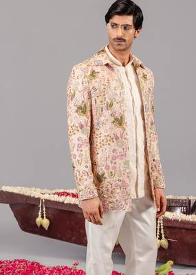 Beige georgette embroidered jodhpuri set for mens 3