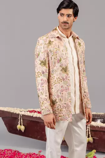 Beige georgette embroidered jodhpuri set for mens