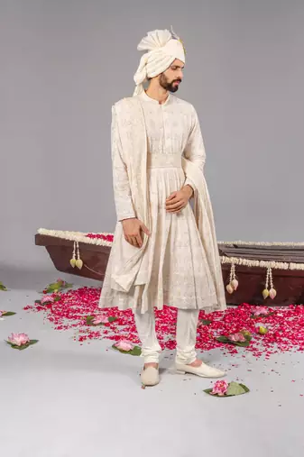 Ivory georgette embroidered sherwani set for mens