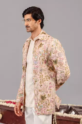 Beige georgette embroidered jodhpuri set for mens