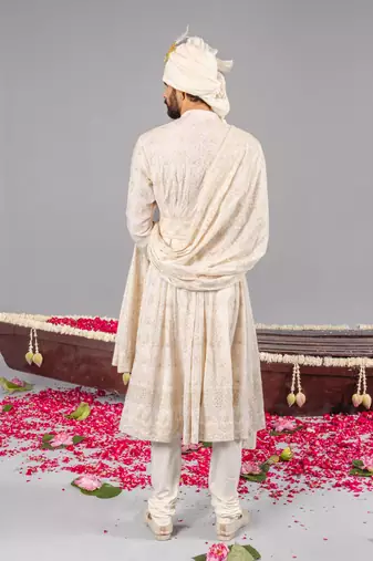 Ivory georgette embroidered sherwani set for mens