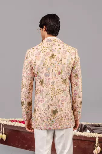 Beige georgette embroidered jodhpuri set for mens