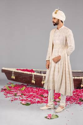 Ivory georgette embroidered sherwani set for mens 4