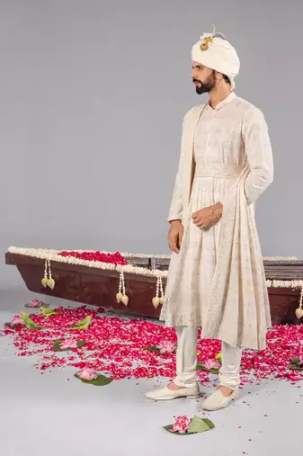 Ivory georgette embroidered sherwani set for mens