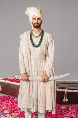 Ivory georgette embroidered sherwani set for mens 5