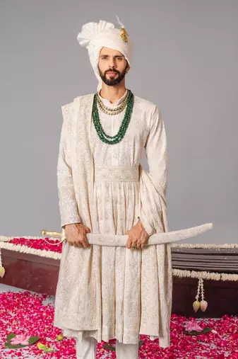 Ivory georgette embroidered sherwani set for mens