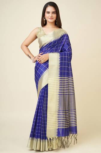 Blue faux raw silk checked khadi thread weaving banarasi saree