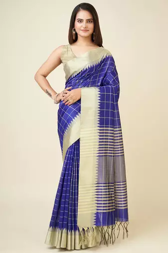 Blue faux raw silk checked khadi thread weaving banarasi saree
