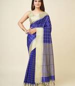 Blue faux raw silk checked khadi thread weaving banarasi saree