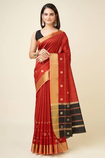 Red faux raw silk striped khadi thread weaving banarasi saree