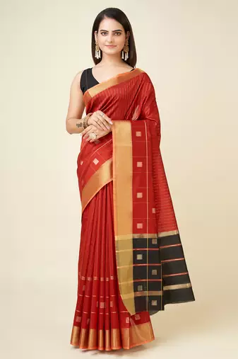 Red faux raw silk striped khadi thread weaving banarasi saree