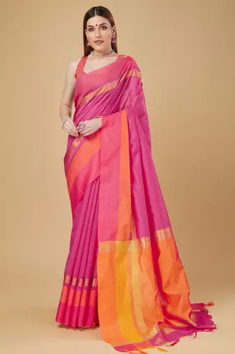 Pink faux raw silk plain khadi thread weaving banarasi saree