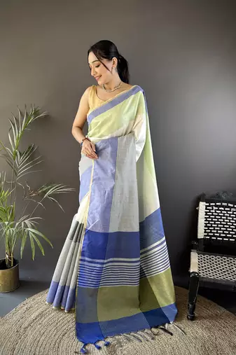 Blue faux raw silk plain khadi thread weaving banarasi saree