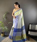 Blue faux raw silk plain khadi thread weaving banarasi saree