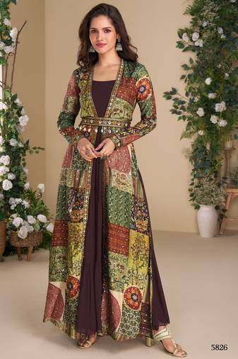Heavy georgette wine long top with silk shrug free size upto 42