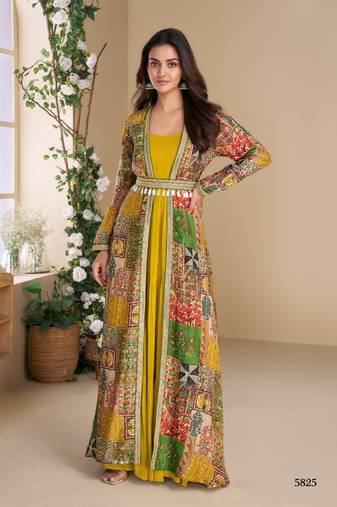 Heavy georgette olive long top with silk shrug free size upto 42