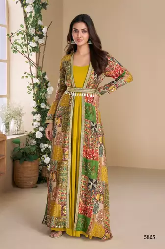 Heavy georgette olive long top with silk shrug free size upto 42