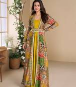 Heavy georgette olive long top with silk shrug free size upto 42