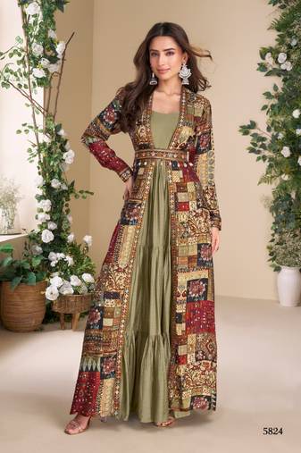 Heavy georgette gold long top with silk shrug free size upto 42
