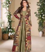 Heavy georgette gold long top with silk shrug free size upto 42
