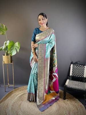 Teal blue soft silk blend checked zari weaving banarasi saree 1