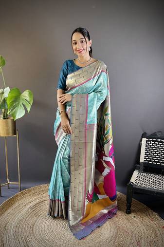 Teal blue soft silk blend checked zari weaving banarasi saree
