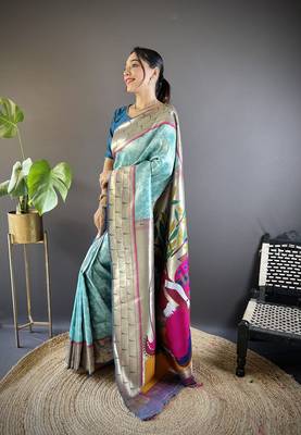 Teal blue soft silk blend checked zari weaving banarasi saree 2