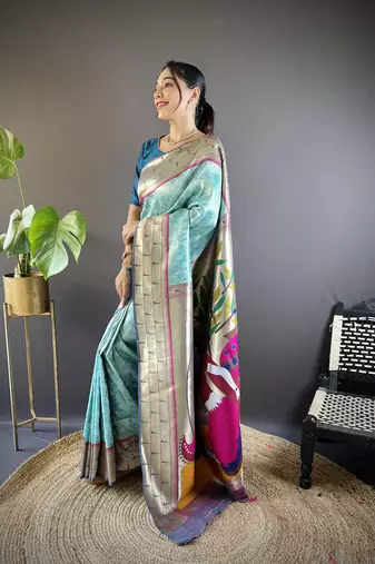 Teal blue soft silk blend checked zari weaving banarasi saree
