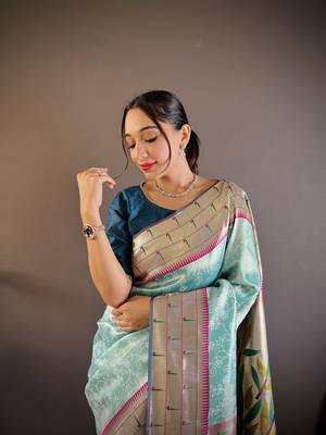 Teal blue soft silk blend checked zari weaving banarasi saree 3