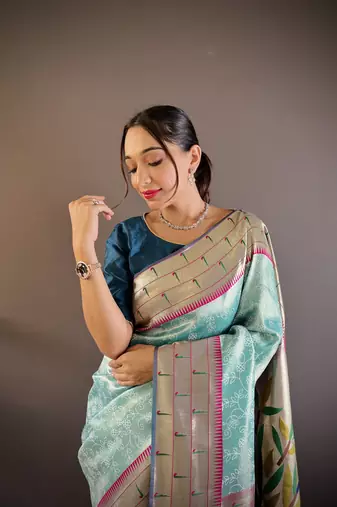 Teal blue soft silk blend checked zari weaving banarasi saree