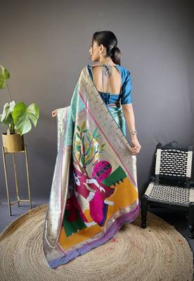 Teal blue soft silk blend checked zari weaving banarasi saree 4