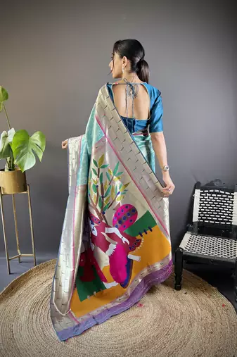 Teal blue soft silk blend checked zari weaving banarasi saree