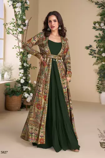 Heavy georgette dark green long top with silk shrug free size upto 42
