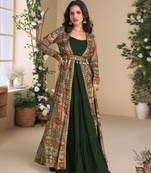 Heavy georgette dark green long top with silk shrug free size upto 42