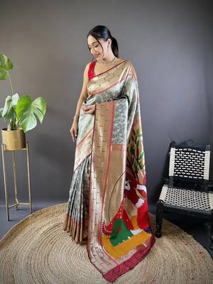 Grey soft silk blend checked zari weaving banarasi saree 1