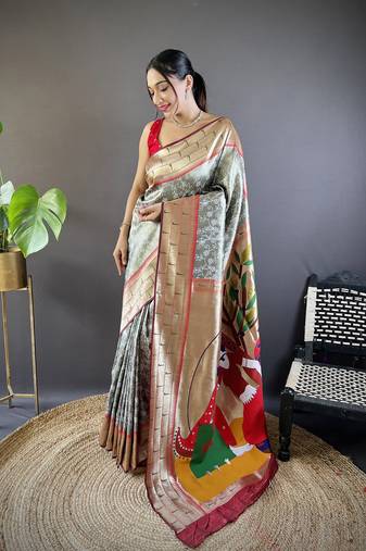 Grey soft silk blend checked zari weaving banarasi saree