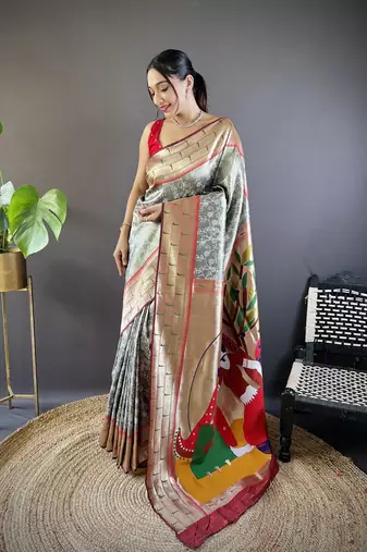 Grey soft silk blend checked zari weaving banarasi saree