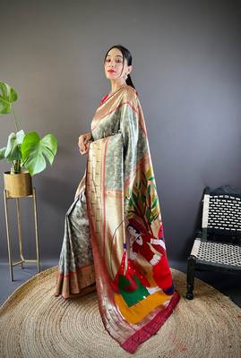 Grey soft silk blend checked zari weaving banarasi saree 2