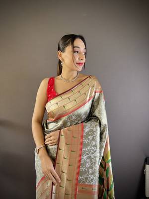 Grey soft silk blend checked zari weaving banarasi saree 3