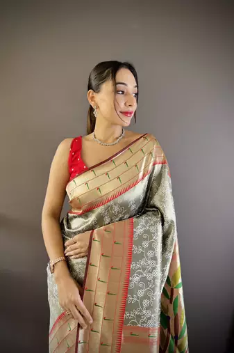 Grey soft silk blend checked zari weaving banarasi saree