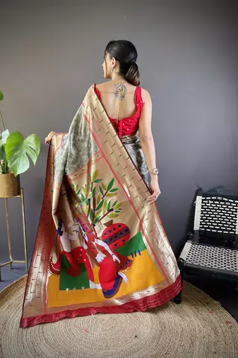 Grey soft silk blend checked zari weaving banarasi saree