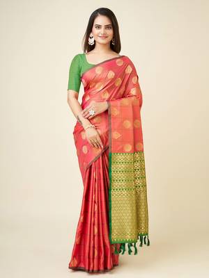 Pink soft blend silk woven gold zari weaving mysore saree 1