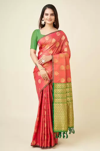 Pink soft blend silk woven gold zari weaving mysore saree