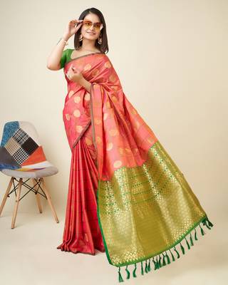 Pink soft blend silk woven gold zari weaving mysore saree 2