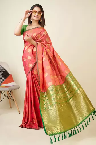 Pink soft blend silk woven gold zari weaving mysore saree